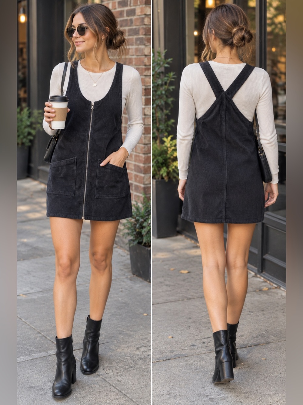 SO Black Corduroy Zip Front Pinaforen Jumper Mini Dress Racerback S women Fall